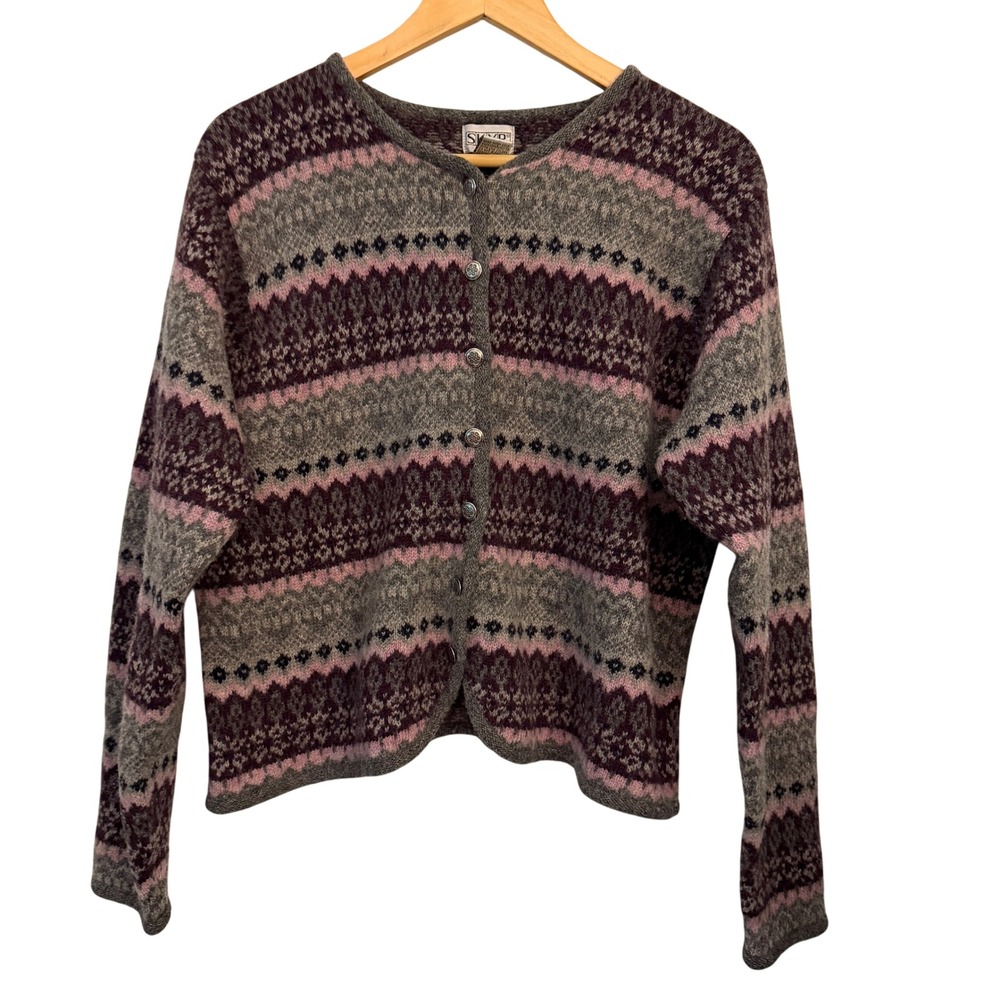Skyr Cardigan Sweater Large Purple Gray Excellent Fair Isle Wool Button Up